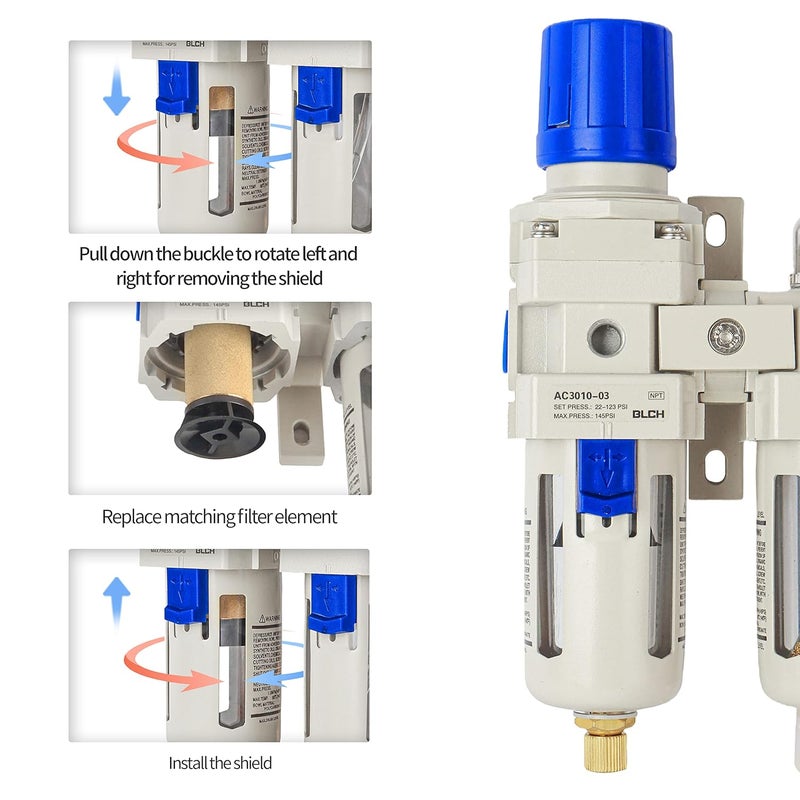 BLCH 3/8" NPT Air Compressor Water Separator - Air Pressure Regulator Compressed Air Filter Regulator Lubricator Combo AC3010-03 Semi-auto Drain Poly Bowl Gauge 0-160 PSI 5μm Brass - Image 3